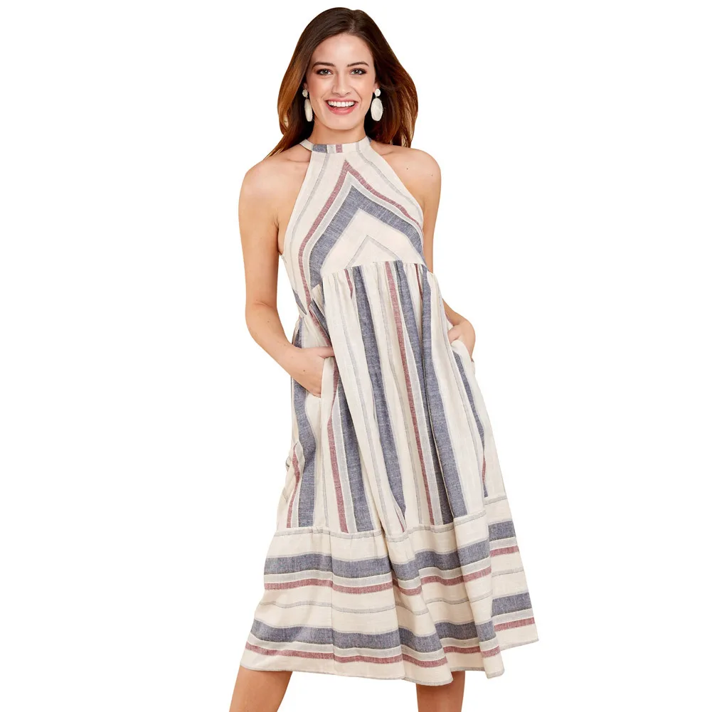2019 Woman Striped Bohemian Fashion Midi Dress Sleeveless High Neck Style with Keyhole Back and Tie at Nape
2019 Woman Striped Bohemian Fashion Midi Dress Sleeveless High Neck Style with Keyhole Back and Tie at Nape