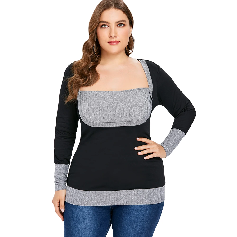 Wipalo Ribbed Plus Size Color Block Square Neck T-Shirt Casual Black Gray Patchwork Tee Women Spring Autumn Slim Fitted Top 5XL
Wipalo Ribbed Plus Size Color Block Square Neck T-Shirt Casual Black Gray Patchwork Tee Women Spring Autumn Slim Fitted Top 5XL