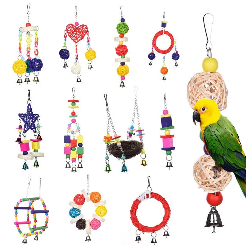 Mayitr Parrot Toys Pet Bird Bites Climb Chew Toy Hanging Cockatiel Parakeet Climb Chewing Cage With Bell Bird Toys Multi Styles