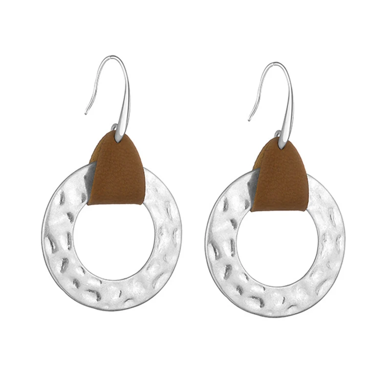 

ZWPON 2018 Hammered Leather Geometric Silver Circle Dangle Earrings for Women Irregularity Copper Statement Earrings Wholesale