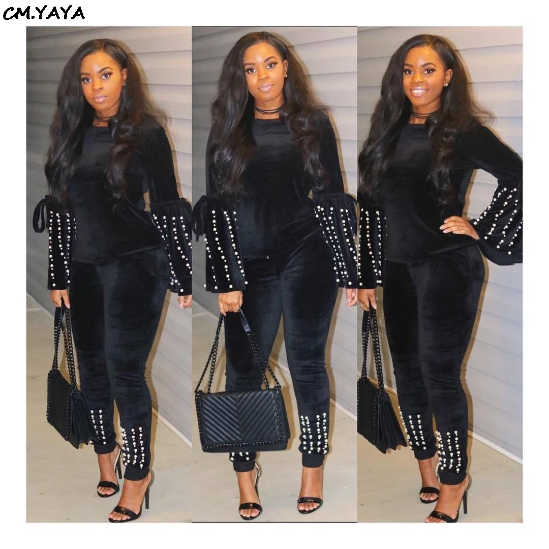 winter velvet women black pearl beading flare long sleeve o-neck sweatshirts top skinny leggings two piece sets tracksuits A6091
winter velvet women black pearl beading flare long sleeve o-neck sweatshirts top skinny leggings two piece sets tracksuits A6091