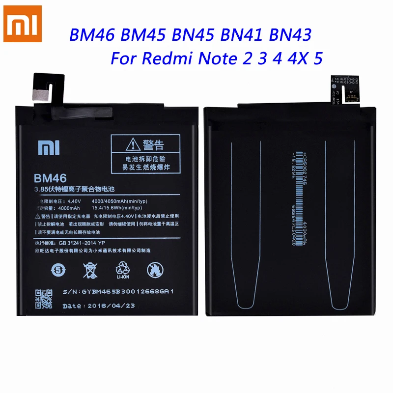 Original BM46 BM45 BN45 BN41 BN43 Battery For Xiaomi Redmi Note 5 4X 4 3 2 Note2 Note3 Pro Note4 Note5 Replacement Bateria
Original BM46 BM45 BN45 BN41 BN43 Battery For Xiaomi Redmi Note 5 4X 4 3 2 Note2 Note3 Pro Note4 Note5 Replacement Bateria