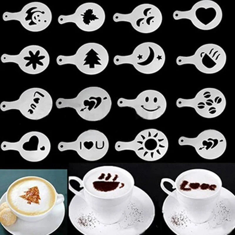 

16Pcs/set Fashion Cappuccino Coffee Barista Stencils Template Strew Pad Duster Spray Gusto Nespresso zavarnik dolce Tools SF457