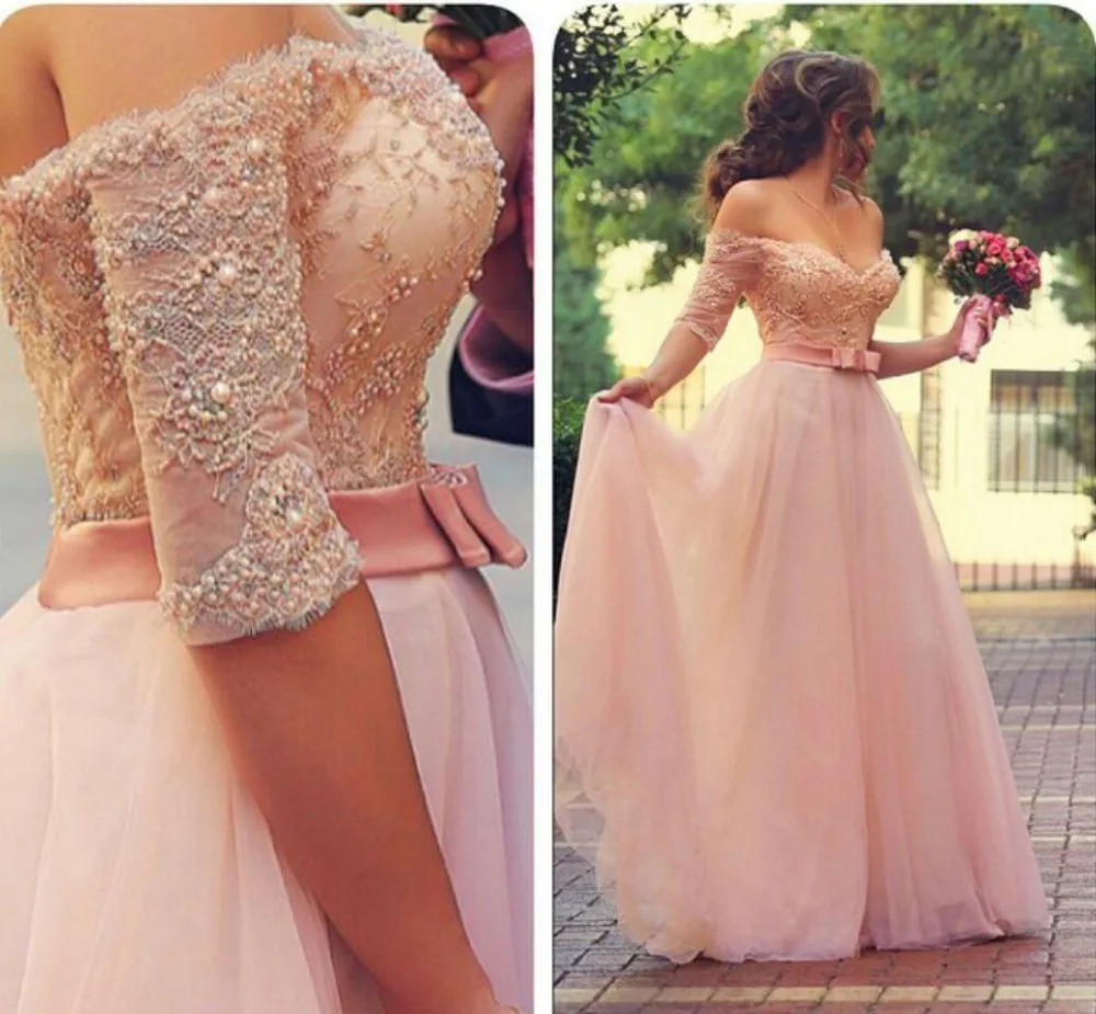 Vestido De Festa Pink Prom Dresses with Sleeves Appliqued Off Shoulder Beaded Bodice Wedding Party Dresses with Belt
Vestido De Festa Pink Prom Dresses with Sleeves Appliqued Off Shoulder Beaded Bodice Wedding Party Dresses with Belt
