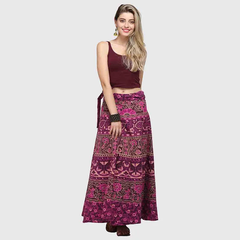 

Boho Wrap Around Floral Print Maxi Skirt Women Elegant Indian Tribal Style Bohemian Long Hippy Beach Skirt Belted For Ladies