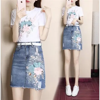 2 Piece set 2019 Summer Women's Cotton Short Pocket Flower Top T-shirt +Hole Denim Skirt Sets Women Fashion New Skirts Set Suits
2 Piece set 2019 Summer Women's Cotton Short Pocket Flower Top T-shirt +Hole Denim Skirt Sets Women Fashion New Skirts Set Suits