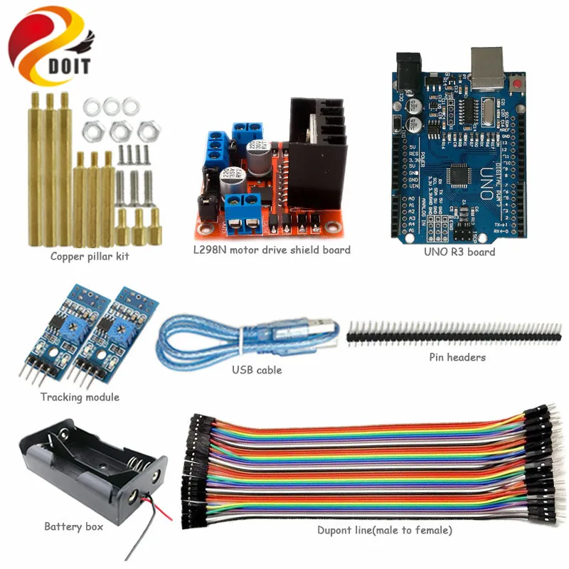 UNO Starter Kit for Smart Car Chassis with Arduino Uno R3 Board, L298N Motor Drive Shield, Tracking Module, Dupont Line
UNO Starter Kit for Smart Car Chassis with Arduino Uno R3 Board, L298N Motor Drive Shield, Tracking Module, Dupont Line