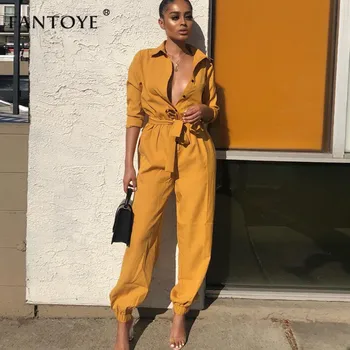 

Fantoye Deep V-Neck Casual Button Jumpsuit Women 2019 Roll Up Long Sleeve Slim Bodycon Bandage Mid Waist Belted Tooling Overalls