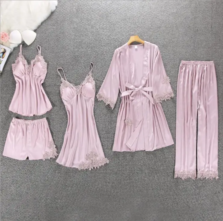 Women Pajamas 5 Pieces Satin Sleepwear Pijama Silk Home Night Wear Home Clothing Embroidery Sleep Lounge Pyjama with Chest Pads
Women Pajamas 5 Pieces Satin Sleepwear Pijama Silk Home Night Wear Home Clothing Embroidery Sleep Lounge Pyjama with Chest Pads