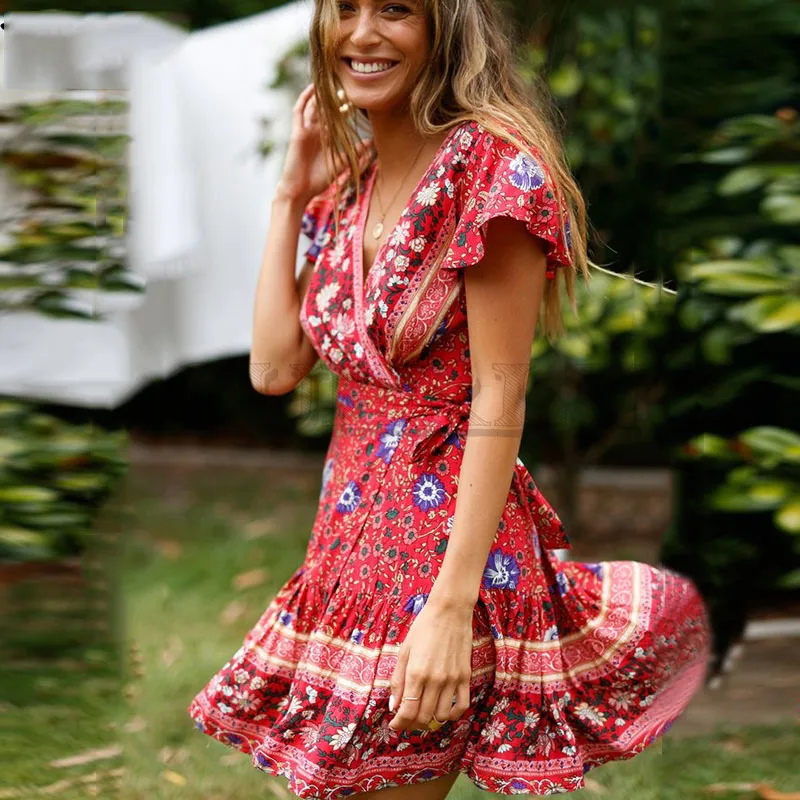 Cuerly Sexy bohemia floral print short dress women Summer bow wrap beach dress Casual daily cute cool dress female vestidos L5
Cuerly Sexy bohemia floral print short dress women Summer bow wrap beach dress Casual daily cute cool dress female vestidos L5