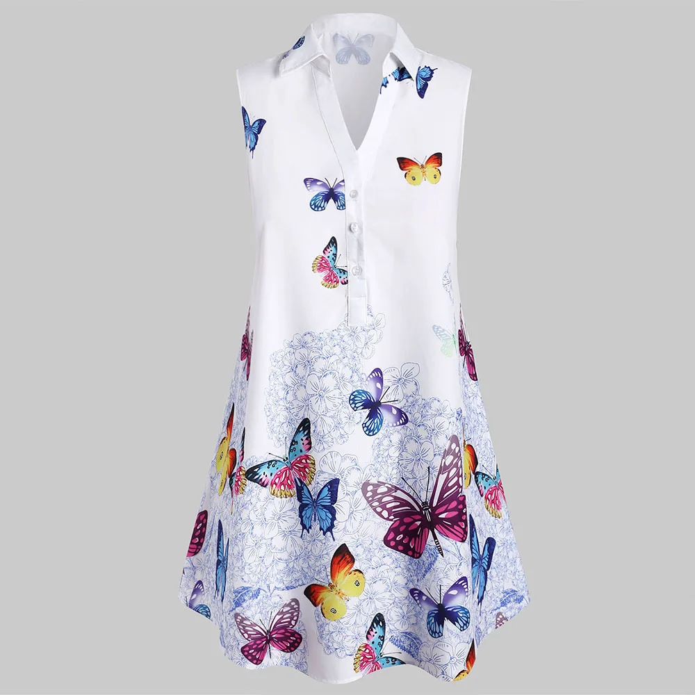 

ROSEGAL Tank Tops Plus Size Sleeveless Longline Butterfly Print Graphic Shirt Collar Tops V-Neck Women Summer Long Tanks 5XL