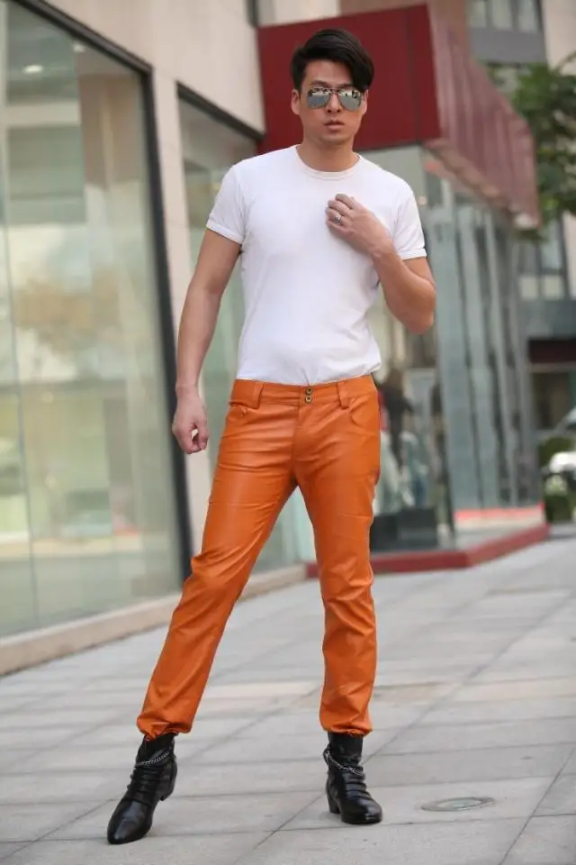 Orange leather pants mens Outlet