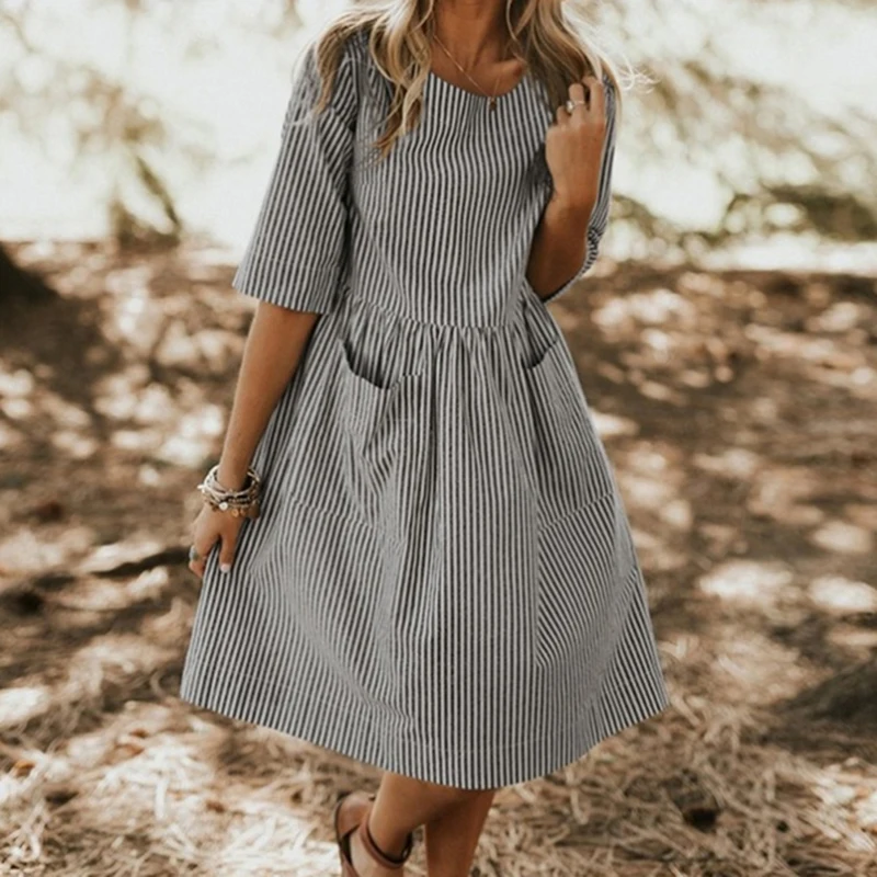 Casual O Neck Shirt Dress Women Summer Half Sleeve Pocket Dress Femme Striped Print A-line Loose Dress
Casual O Neck Shirt Dress Women Summer Half Sleeve Pocket Dress Femme Striped Print A-line Loose Dress