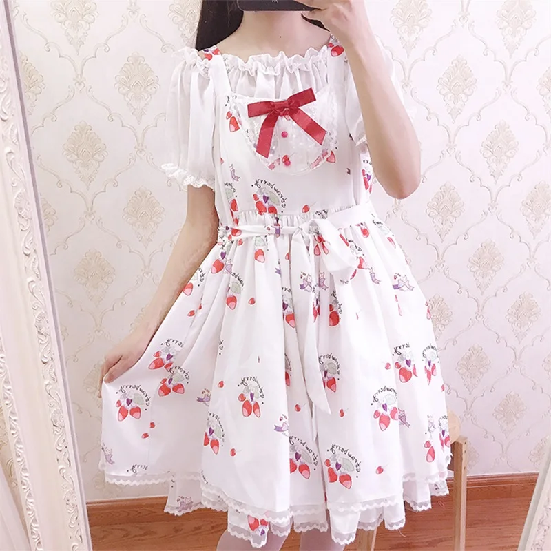 Harajuku Girl Japanese Cute Strawberry Bow Print JSK Suspenders Dress Princess Lolita Kawaii Flouncing Sleeveless Dress Chiffon
Harajuku Girl Japanese Cute Strawberry Bow Print JSK Suspenders Dress Princess Lolita Kawaii Flouncing Sleeveless Dress Chiffon