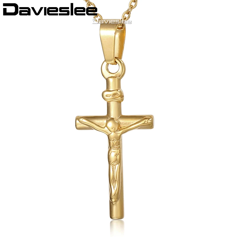 Davieslee Jesus Christ Cross Pendant Necklace for Women Gold Silver Color Stainless Steel Chain Rolo Link LKNM148 | Украшения и