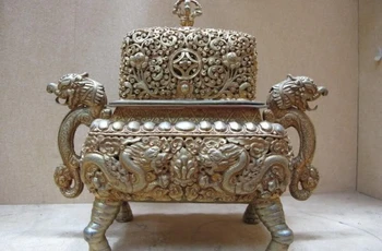 Tibet Buddhism Fane Copper Gild handwork made Two Dragon Censer incense burner 8.02
Tibet Buddhism Fane Copper Gild handwork made Two Dragon Censer incense burner 8.02