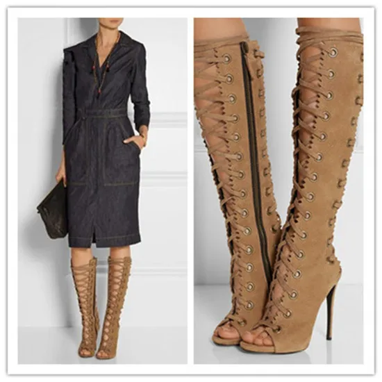 New Open Toe Cut Outs Women Boots Shoes Woman Lace Up Knee High Boots Gladiator Women Sandals Boots High Heels Shoes Botas Mujer (12)