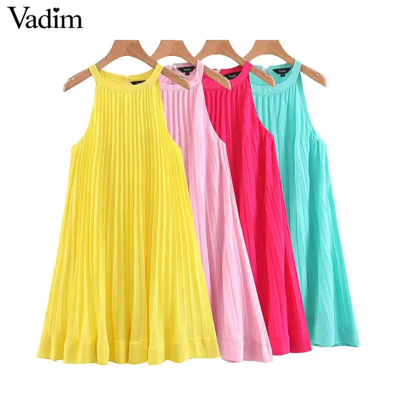 Vadim women solid mini dress sleeveless spaghetti straps pleated halter casual female A line dresses summer vestidos QB846
Vadim women solid mini dress sleeveless spaghetti straps pleated halter casual female A line dresses summer vestidos QB846