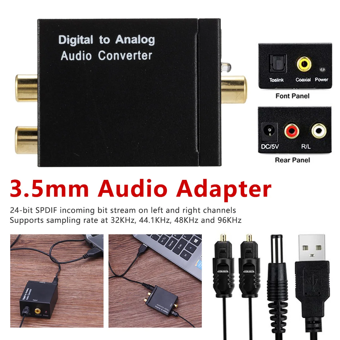Coaxial Optical Fiber Toslink Digital to Analog L/R RCA 3.5mm Jack Audio Converter SPDIF Digital Audio Decoder Stereo Amplifier
Coaxial Optical Fiber Toslink Digital to Analog L/R RCA 3.5mm Jack Audio Converter SPDIF Digital Audio Decoder Stereo Amplifier