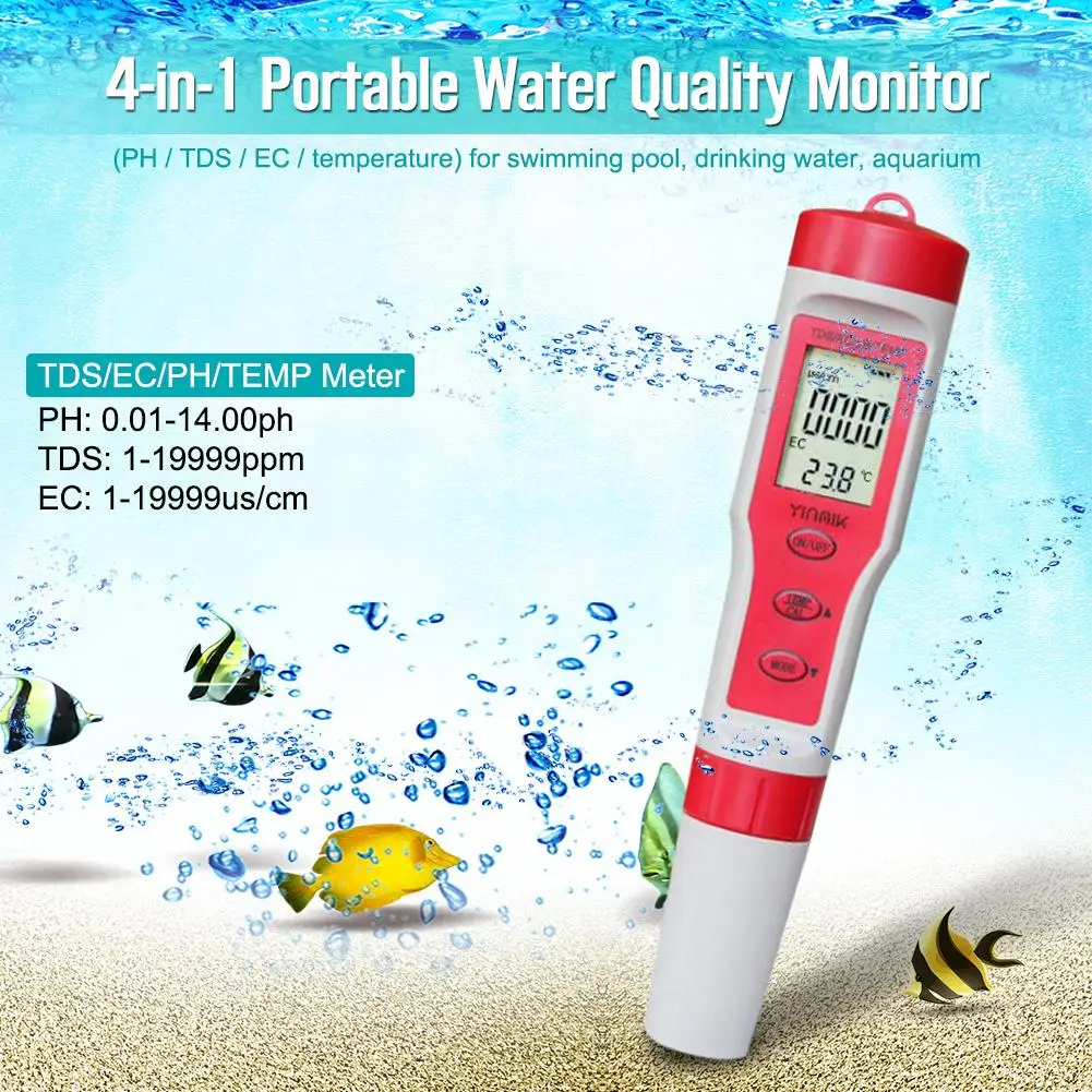 4-in-1 Portable Digital PH TDS EC TEMP Water Tester Multi-function Test Pen Kit for Swimming Pool Drinking Water Spa
4-in-1 Portable Digital PH TDS EC TEMP Water Tester Multi-function Test Pen Kit for Swimming Pool Drinking Water Spa