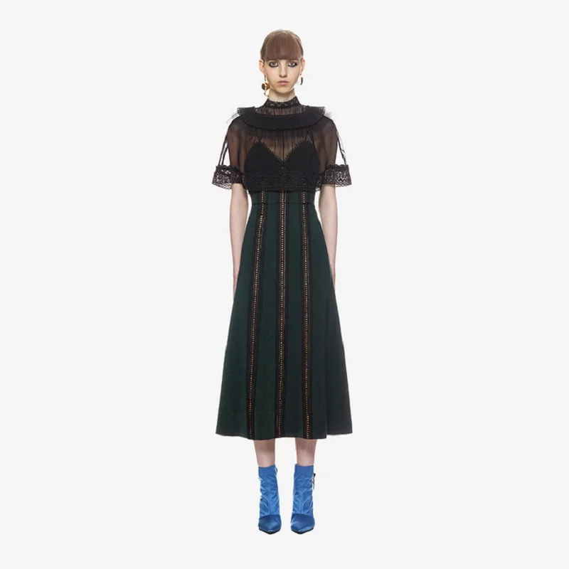 2018 Summer Autumn Elegant Patchwork Mesh Ruffles Midi Dress Women Runway Designer See Through Lace Long Party Dresses Clothes | Женская