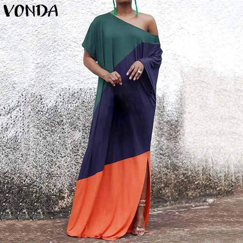 Sexy Oblique Collar Dresses VONDA 2019 Maxi Long Dress Spell Color Dress Casual Loose Beach Party Sundress Vestido Plus Size
Sexy Oblique Collar Dresses VONDA 2019 Maxi Long Dress Spell Color Dress Casual Loose Beach Party Sundress Vestido Plus Size