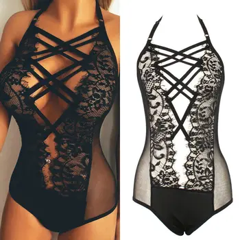 Sexy Women Lace See-through Front Cross Hollow Halter Backless Deep V neck Bodysuit Jumpsuit
Sexy Women Lace See-through Front Cross Hollow Halter Backless Deep V neck Bodysuit Jumpsuit