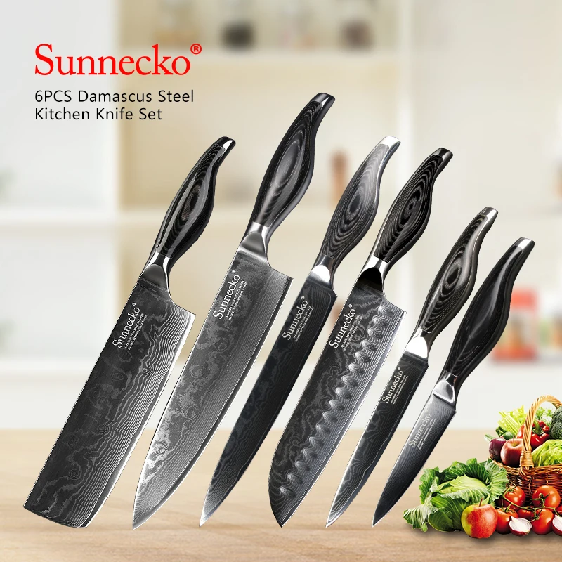 SUNNECKO 6PCS Kitchen Knives Set Utility Chef Knife 73 Layers Japanese Damascus VG10 Steel Sharp Pakka Wood Handle Cutting Tools
SUNNECKO 6PCS Kitchen Knives Set Utility Chef Knife 73 Layers Japanese Damascus VG10 Steel Sharp Pakka Wood Handle Cutting Tools