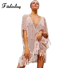 Rendas até malha tamanho grande vestido de praia de malha franja verão escavar sensuais vestidos de festa quente swimwear mulheres roupas cor de rosa pareos(China)