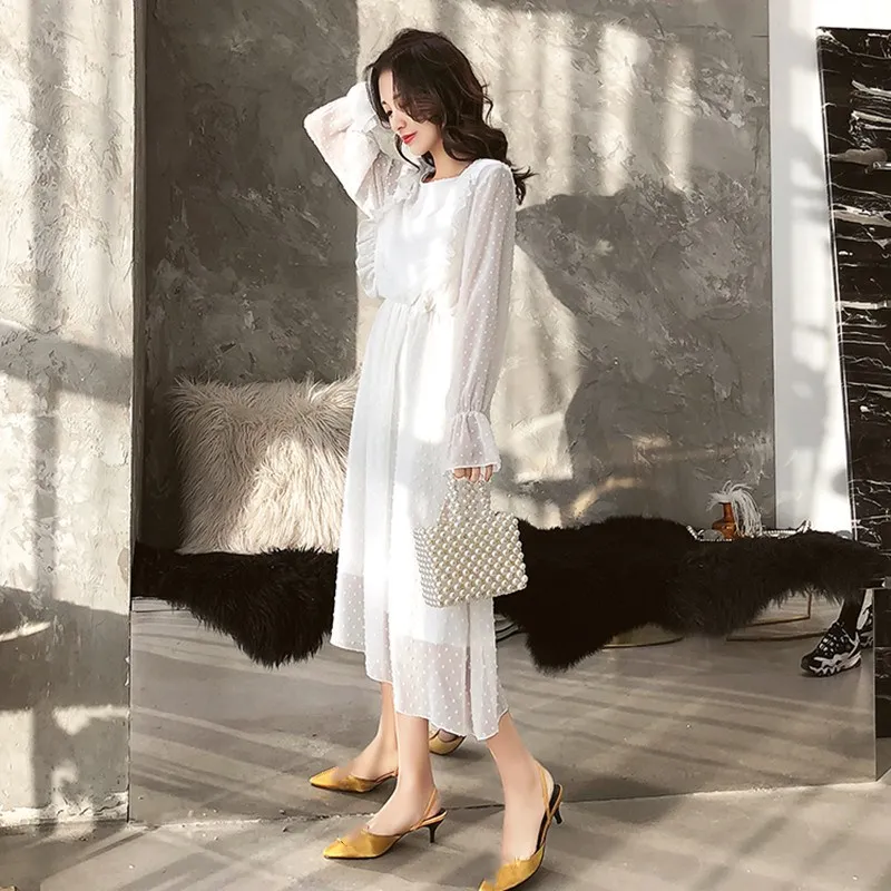 Women Flare Sleeve Chiffon Dress Elastic Waist Ruffles Polka Dot Long Dress Summer White A Line Dress
Women Flare Sleeve Chiffon Dress Elastic Waist Ruffles Polka Dot Long Dress Summer White A Line Dress