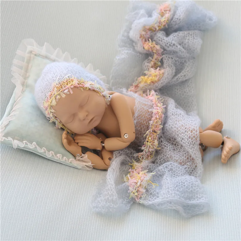 

Luxury Baby Girl Lace Hat Wrap Set Crochet Stretch Knit Wrap Colored Baby Gril Trim Edge hat Newborn Sleepy Hat Photo Props