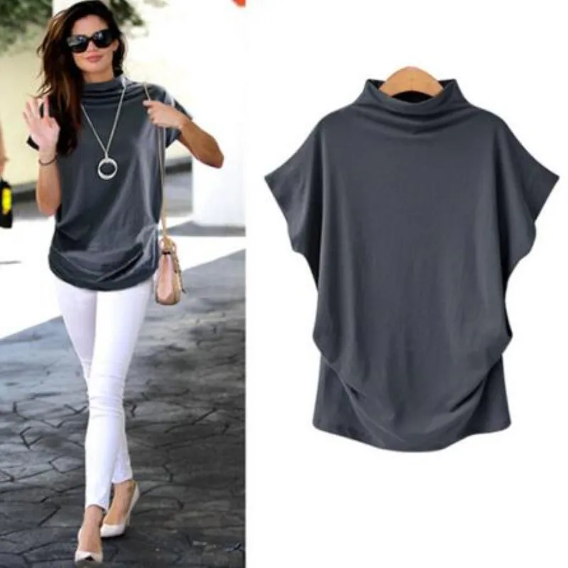 Women Casual Summer Shirt Short Batwing Sleeve Loose Tops Solid Black Gray Turtleneck Tee Shirt 2019 Shirts Femme Tees Tops
Women Casual Summer Shirt Short Batwing Sleeve Loose Tops Solid Black Gray Turtleneck Tee Shirt 2019 Shirts Femme Tees Tops