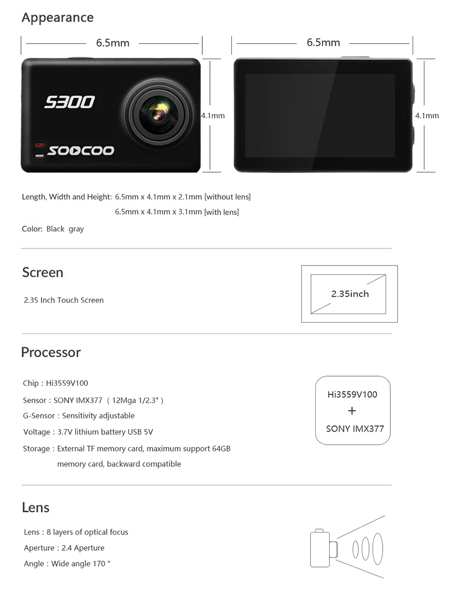 SOOCOO S300 4K 30FPS Sports Camera 2.35 Touchscreen Hi3559V100 IMX377 EIS Wifi External Mic GPS (21)