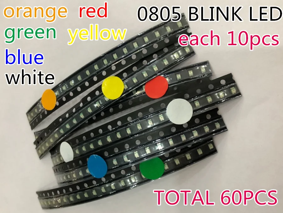 60pcs Flashing Blink LED Diode 0805 SMD Blinking Flash Diodo SMD 0805 Mixed 10pcs each Red Jade-Green Blue White Yellow Orange
60pcs Flashing Blink LED Diode 0805 SMD Blinking Flash Diodo SMD 0805 Mixed 10pcs each Red Jade-Green Blue White Yellow Orange
