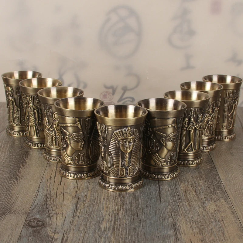 

3 Pcs/Lot Egyptian Pharaoh MugMyth Retro Copper Cup Bronze 3D Relief Wine Liquor Spirit Shot Glass Cleopatra Ramese Antique Mug