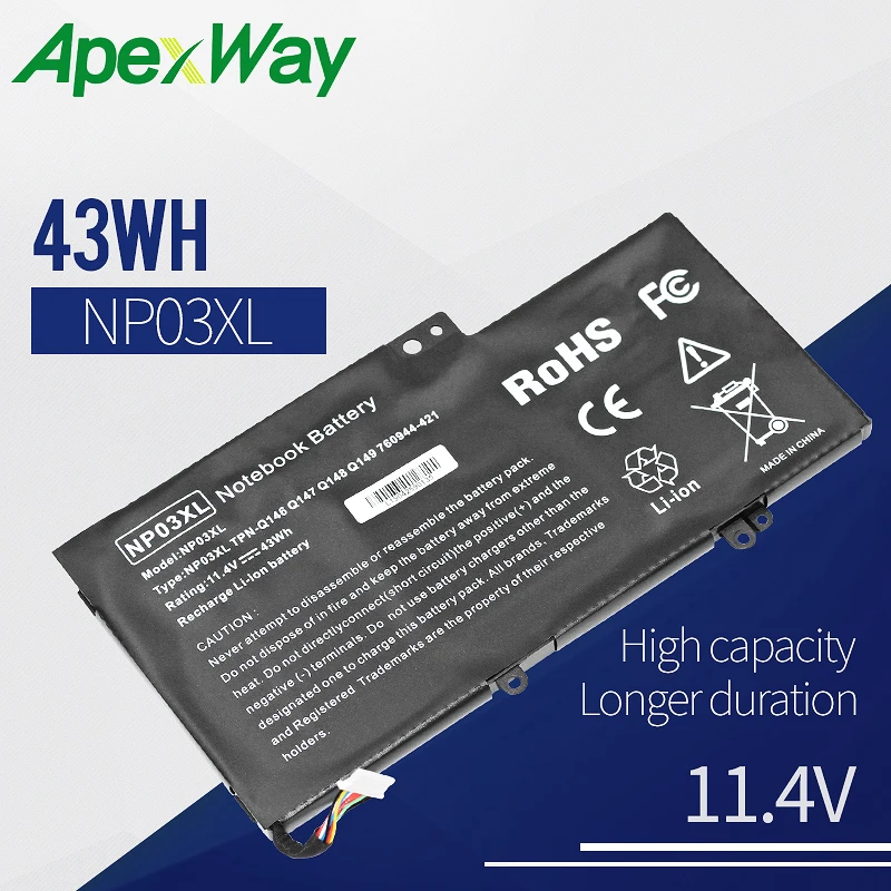 Apexway Laptop Battery NP03XL for HP Pavilion X360 13-A010DX TPN-Q146 TPN-Q147 TPN-Q148 HSTNN-LB6L 760944-421 15-U010DX
Apexway Laptop Battery NP03XL for HP Pavilion X360 13-A010DX TPN-Q146 TPN-Q147 TPN-Q148 HSTNN-LB6L 760944-421 15-U010DX