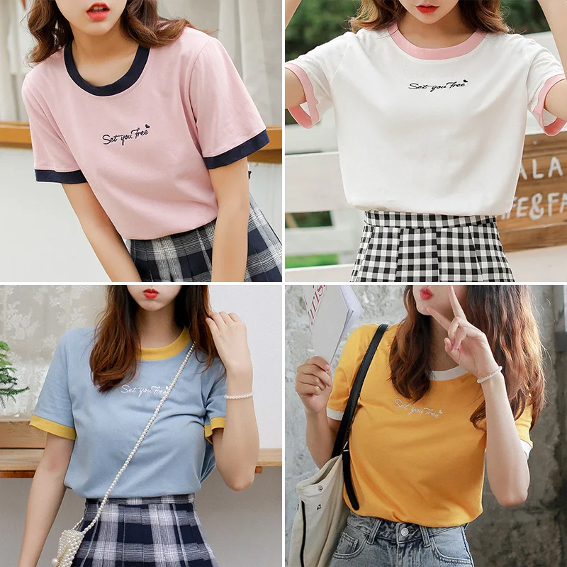Korean Chic Letters Embroidery Hit Color Patchwork Short Sleeve T-shirt Women 2019 New Summer Casual Tshirt
Korean Chic Letters Embroidery Hit Color Patchwork Short Sleeve T-shirt Women 2019 New Summer Casual Tshirt