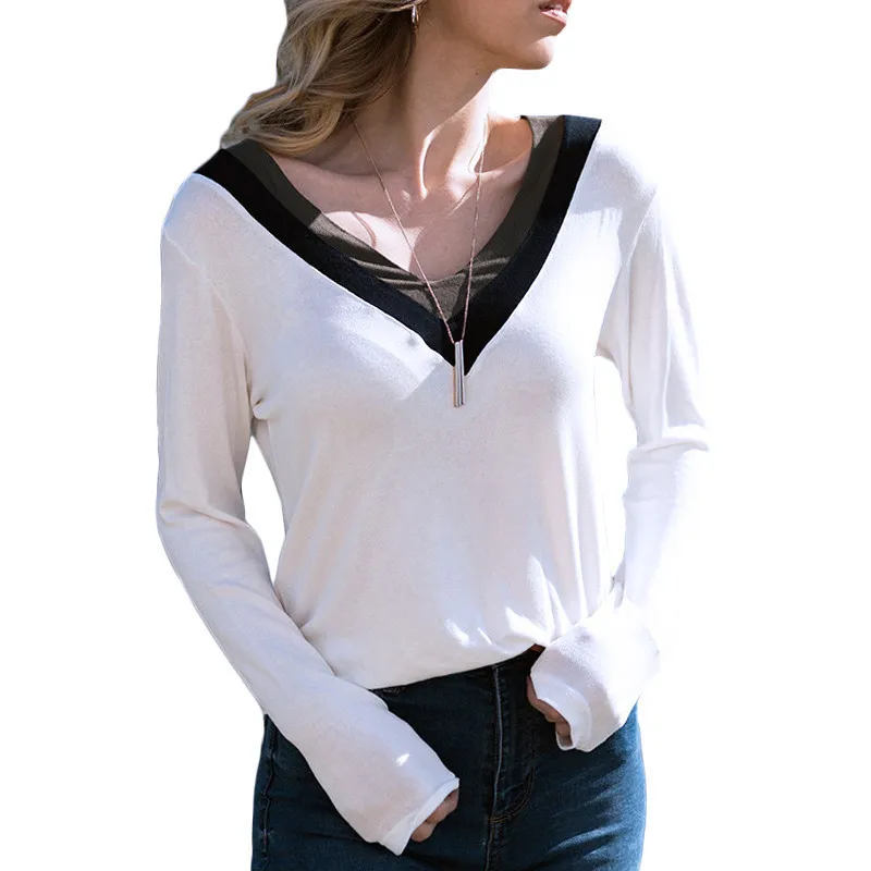 Women T-Shirt 2019 Casual Patchwork Striped V-neck Tee Shirt Femme Long Sleeve Top Leisure Autumn Cotton T-Shirt Camisetas Mujer
Women T-Shirt 2019 Casual Patchwork Striped V-neck Tee Shirt Femme Long Sleeve Top Leisure Autumn Cotton T-Shirt Camisetas Mujer