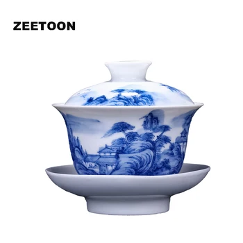 

Boutique Jingdezhen Blue and White Porcelain Hand Painted Landscape Gaiwan China Kung Fu Tea Set Bowl Master Teacup Teapot 200ml