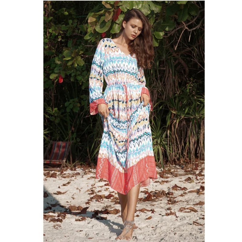 2019 Autumn Long Sleeve Chiffon Dress Boho Style Women Sexy V-neck Wave Printing Long Dress Loose Bandage Casual Beach Dresses
2019 Autumn Long Sleeve Chiffon Dress Boho Style Women Sexy V-neck Wave Printing Long Dress Loose Bandage Casual Beach Dresses
