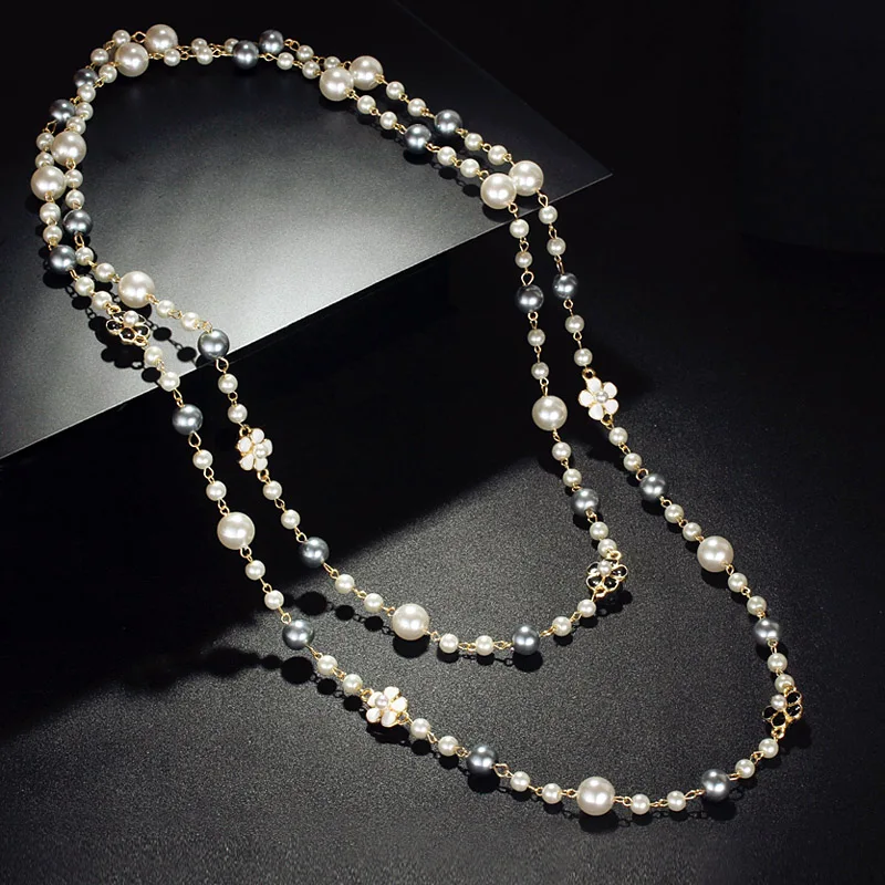 Fashion vogue Pretty White and Gray simulated Pearl Long necklace with black or white flower ornamented women jewelry girl gift
Fashion vogue Pretty White and Gray simulated Pearl Long necklace with black or white flower ornamented women jewelry girl gift