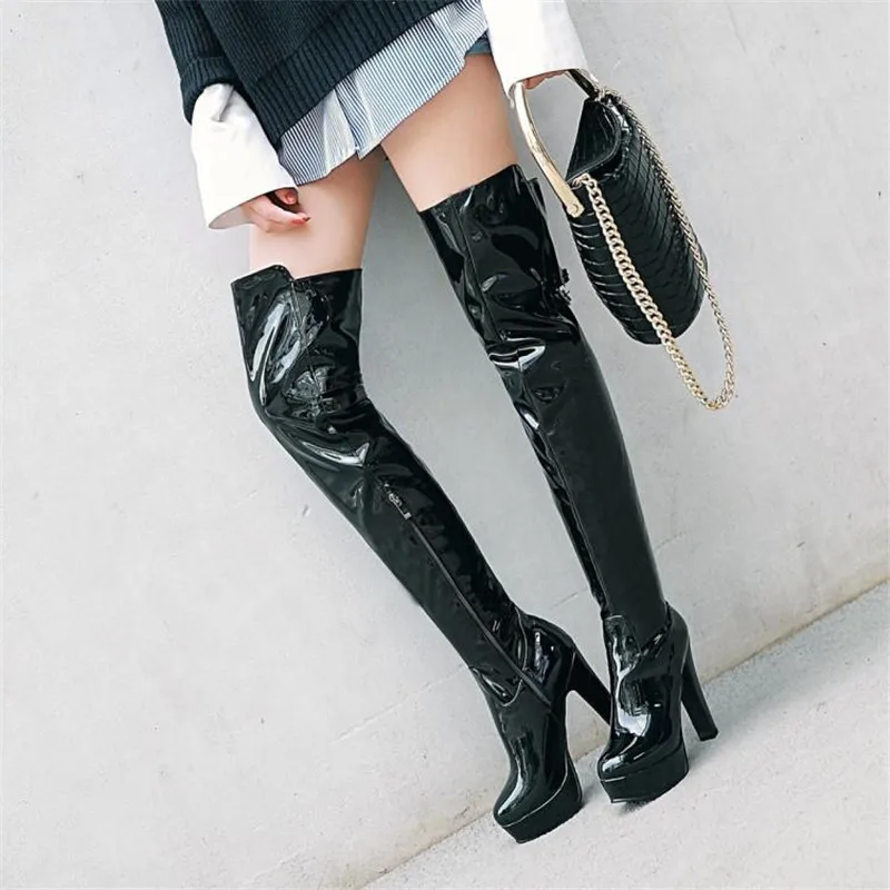 Autumn Winter Patent Leather Over The Knee Boots Big Size 43 Platform Women's Boots 12cm High-heeled Pole Dance Thigh High Boots (12)