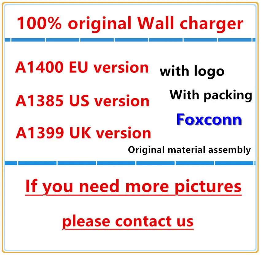 50pcs/Lot 100% Original OEM Quality A1400 EU US UK Plug USB AC Power Adapter Wall Charger For iX XS 6 7 8 PLUS With packaging
50pcs/Lot 100% Original OEM Quality A1400 EU US UK Plug USB AC Power Adapter Wall Charger For iX XS 6 7 8 PLUS With packaging