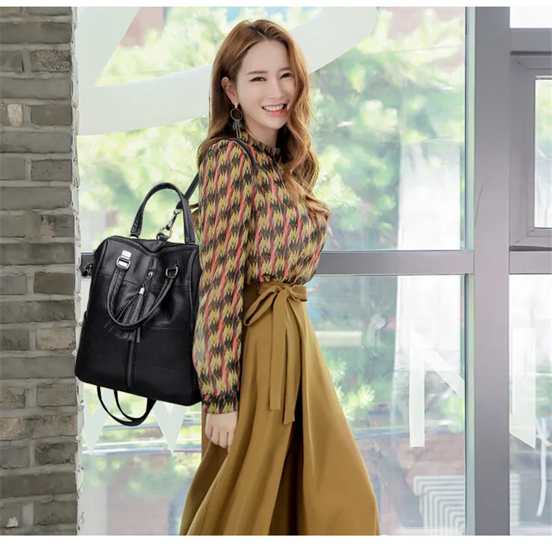 Women Multifunction Backpack Leather Tassel Shoulder Bag Large Capacity Backbag Female Zipper School Bag Girl Travel Bag Mochila 10