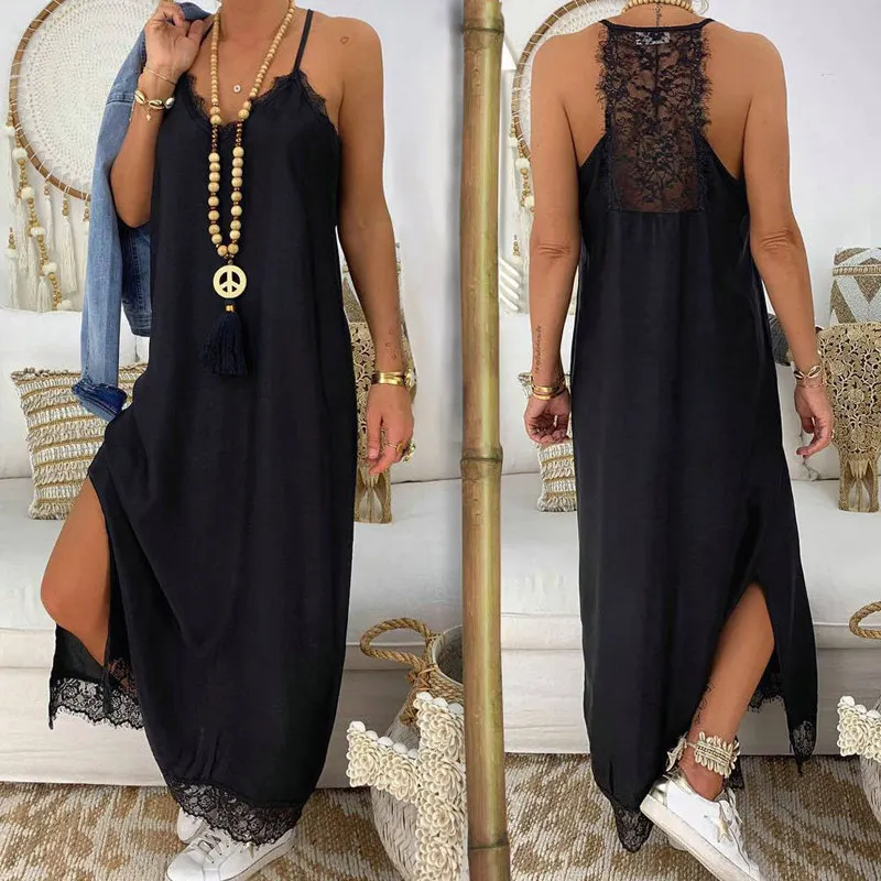 Sexy Suspenders Lace Loose Slit Hem Fashion Dress New Style Casual Solid Women Dress Robe Femme Long Summer Dress
Sexy Suspenders Lace Loose Slit Hem Fashion Dress New Style Casual Solid Women Dress Robe Femme Long Summer Dress