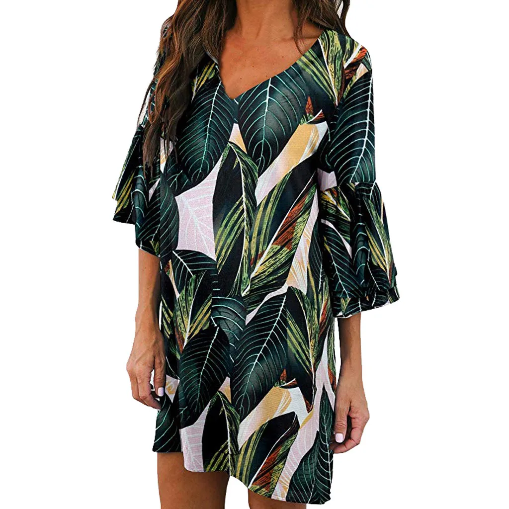 2019 Summer Women Dress Ladies V-Neck Half Flare Sleeve Leaf Printed Dress Bohemian Style Casual Party Beach Dresses vestidos
2019 Summer Women Dress Ladies V-Neck Half Flare Sleeve Leaf Printed Dress Bohemian Style Casual Party Beach Dresses vestidos