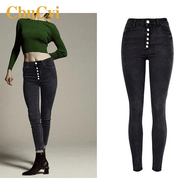 Фото CBUCYI Women High Waist Pants Vintage Black Buttons Washed Stretch Jeans Ladies Casual Skinny Denim Womens Cotton Trousers | Женская