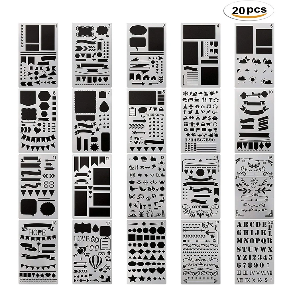 20/12 Pcs Bullet Journal Stencil Cutting Dies set DIY Drawing Hollow Template for Diary Notebook Scrapbook Craft Paper Projects
20/12 Pcs Bullet Journal Stencil Cutting Dies set DIY Drawing Hollow Template for Diary Notebook Scrapbook Craft Paper Projects