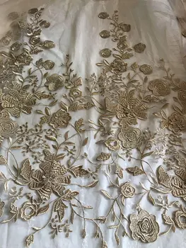 

Gold heavy embroidered apricot skin mesh fabric,net Baroque style tulle shirt's hemline with 3D golden flowers