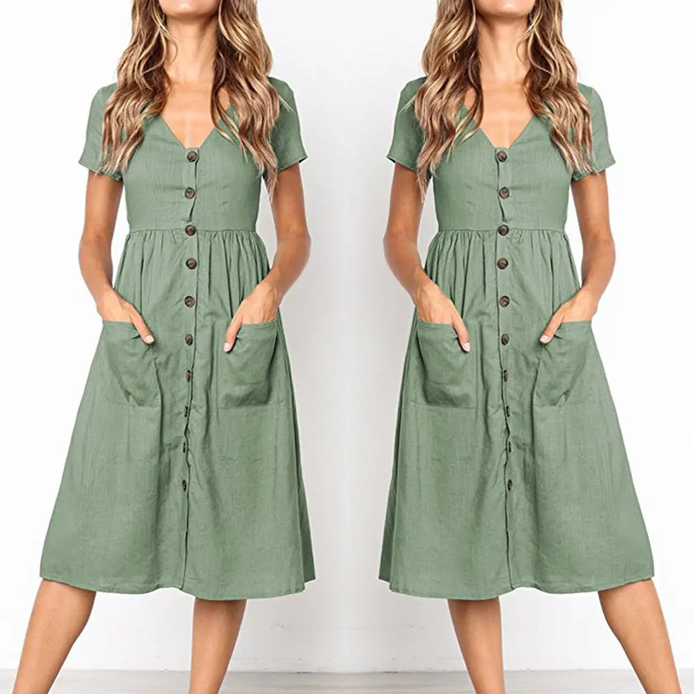 Womens Holiday Strappy Button Pocket Ladies Summer Beach Midi Swing Sun Dress | Женская одежда